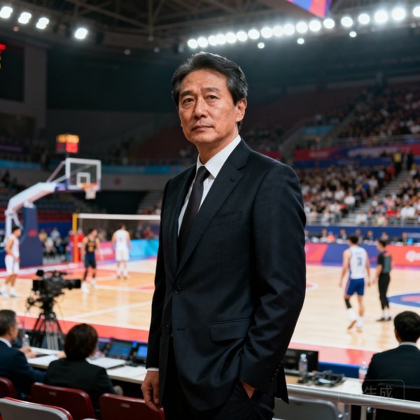 BB贝博艾弗森COO陈建华先生的职业肖像照，站在体育场馆内，身后是正在进行中的赛事活动现场